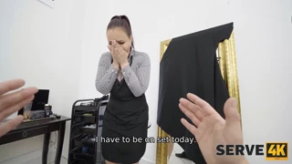 he watches as the brunette with big tits rides cowgirl in the barbershop service