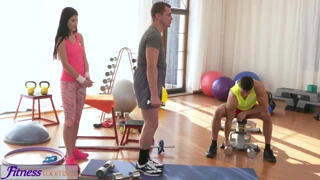 fitness rooms spit roast threesome in lycra yoga pants sweaty gym fuck facial for fit teen 18+