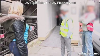 flashing her exposed pussy to the workers at the bus stop