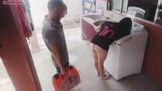 Curvy brunette housewife with big round ass takes bareback standing fuck from technician