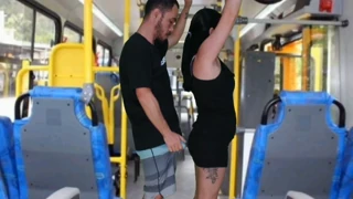 Just another wild day on the bus, a daring guy rubs against a brunette’s round ass until he finishes on her dress
