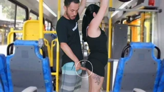 Just another wild day on the bus, a daring guy rubs against a brunette’s round ass until he finishes on her dress