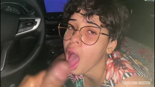 Curvy uber girl pays with a pov blowjob on monster cock after party